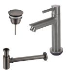 Fortifura Calvi Fonteinkraanset - staande fonteinkraan - laag - always open plug - design - sifon - PVD - geborsteld gunmetal (antraciet) SW798642