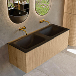 MONDIAZ KURVE 120cm Meuble salle de bain - couleur Oak - 1 tiroir - vasque CLOUD double - sans trous de robinet - Urban SW1138429