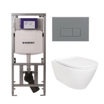 QeramiQ Salina Toiletset - rimless - Geberit inbouwreservoir - diepspoel wandcloset - softclose - quickrelease - bedieningspaneel met bedieningsplaat licht grijs - rechthoekige knoppen - glans wit SW1164294