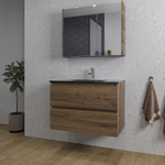 Saniclass Chaci Meuble de salle de bain - 80x46x55cm - lavabo en céramique noir - 1 vasque - 1 trou de robinet - 2 tiroirs - armoire miroir - noyer (hout) SW856561
