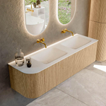 MONDIAZ KURVE 155cm Meuble salle de bain avec module 25 G - couleur Oak - 2 tiroirs - 1 porte - vasque CLOUD double / droite - sans trous de robinet - Talc SW1138228