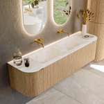 MONDIAZ KURVE-DLUX meuble de salle de bains 170 cm avec module 25 Len R couleur Chêne avec 1 tiroir et 2 portes. Lavabo LEAF double sans trou de robinetterie couleur Frappe. SW1137391