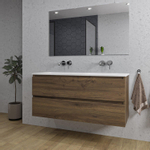 Saniclass Chaci Ensemble meuble de salle de bains - 120x46x55cm - lavabo en céramique blanc - 2 vasques - sans trou de robinet - 2 tiroirs - miroir rectangulaire - noyer (bois) SW816575