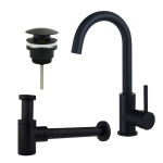 FortiFura Calvi Kit robinet lavabo - robinet haut - bec rotatif - bonde clic clac - siphon design bas - Noir mat SW891965