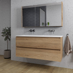 Saniclass Chaci Ensemble meuble de salle de bains - 120x46x55cm - lavabo en céramique blanc - 2 vasques - sans trous de robinet - 2 tiroirs - armoire de toilette - chêne SW856552