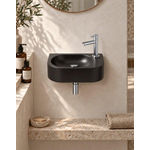 QeramiQ Fuente pack lave-mains – demi-rond – 40 x 21,5 x 12 cm – céramique noir mat – perçage à droite – robinet chromé SW1232787
