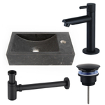 Saniclass Fuente ensemble lavabo - 40x22 - 1 trou de robinet - à droite - pierre naturelle - robinet de fontaine noir mat - foncé SW1111502
