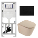 QeramiQ Dely Toiletset - 36.3x51.7cm - diepspoel - rimless - Geberit UP320 inbouwreservoir - softclose toilet zitting - kunststof mat zwarte bedieningsplaat - ronde knoppen - mat beige SW1242417