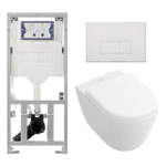 Ensemble de toilettes compactes à chasse directe de villeroy and boch avec réservoir de chasse geberit et softclose avec siège à fermeture rapide et plaque de commande avec boutons rectangulaires blanc SW791655