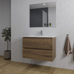 Saniclass Chaci Ensemble meuble de salle de bains - 80x45x55cm - lavabo en céramique blanc - 1 vasque ovale - 1 trou de robinet - 2 tiroirs - miroir rectangulaire - noyer (bois) SW724519