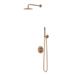 IVY Bond Ensemble de douche de tête - encastré - inverseur d'arrêt 2 voies - bras de douche mural 40 cm - douche de tête slim ronde 20 cm - barre de douche avec sortie - flexible de douche 150 cm - douchette satin spray - cuivre brossé mat PVD SW1032724