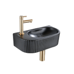 QeramiQ Fuente Fonteinset - 40x21.5x12cm - links - geribbeld - halfrond - 1 kraangat - keramiek - fonteinkraan geborsteld messing - afvoerplug - verlaagd sifon - zwart mat SW1233026