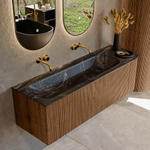 MONDIAZ KURVE-DLUX 145cm Meuble salle de bain avec module 25 D - couleur Walnut - 1 tiroir - 1 porte - vasque BIG LARGE gauche - sans trou de robinet - couleur Lava SW1137266