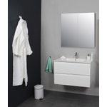 Basic Bella Meuble avec lavabo en porcelaine 1 trou de robinet 80x55x46cm avec armoire toilette à 2 portes gris Blanc brillant SW398158