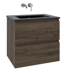 Saniclass Chaci Meuble de salle de bain - 60x45x55cm - lavabo en céramique noir mat - 1 vasque - sans trou de robinet - 2 tiroirs - noyer SW791726