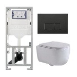 QeramiQ Dely Swirl Toiletset - 36.3x51.7cm - Geberit UP320 inbouwreservoir - met Burda frame - slim zitting - mat zwarte bedieningsplaat - rechthoekige knoppen - wit mat SW1126122