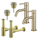 Fortifura Calvi Kit robinet lavabo - pour double vasque - robinet bas - bonde clic clac - siphon design - Laiton brossé PVD SW915337