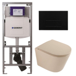 QeramiQ Dely Pack WC - 36,3x51,7cm - à fond creux - sans bride - réservoir encastré Geberit UP320 - abattant WC à fermeture douce - plaque de commande en plastique noir mat - boutons rectangulaires - beige mat SW1242416