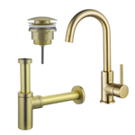 Fortifura Calvi Wastafelkraanset - hoge wastafelkraan - draaibare uitloop - klikwaste plug - design sifon - Geborsteld Messing PVD (Goud) SW915281