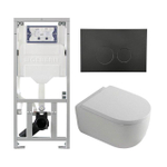 QeramiQ Dely Swirl Ensemble WC- 36.3x51.7cm - Réservoir encastré Geberit UP320 - Abattant 35mm - Plaque de commande en noir mat - Boutons ronds - Blanc brillant SW1138661
