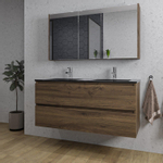 Saniclass Chaci Meuble de salle de bain - 120x46x55cm - lavabo en céramique noir - 2 vasques - 2 trous de robinet - 2 tiroirs - armoire miroir - noyer (hout) SW856570