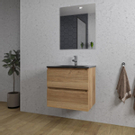 Saniclass Chaci Ensemble meuble de salle de bains - 60x46x55cm - lavabo céramique noir - 1 vasque - 1 trou de robinet - 2 tiroirs - miroir rectangulaire - chêne SW816536