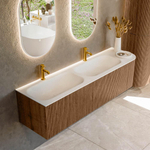 MONDIAZ KURVE 165cm Meuble salle de bain avec module 25 D - couleur Walnut - 2 tiroirs - 1 porte - vasque BIG SMALL double / gauche - 2 trous de robinet - Talc SW1138354