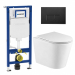 QeramiQ Dely Pack WC cuvette sans bride 36.3x51.7cm avec bâti-support Geberit UP320 abattant WC blanc brillant frein de chute et plaque de commande Noir mat boutons Rectangulaires SW804654