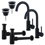 FortiFura Calvi Kit robinet lavabo - pour double vasque - robinet haut - bec rotatif - bonde non-obturable - siphon design bas - Noir mat SW891995