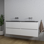 Saniclass Chaci Meuble de salle de bain - 140x46x55cm - lavabo en céramique noir - 2 vasques - sans trous de robinet - 4 tiroirs - blanc mat SW1171462