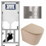 QeramiQ Dely Toiletset - 36.3x51.7cm - diepspoel - rimless - Geberit UP320 inbouwreservoir - softclose toilet zitting - steel bedieningsplaat - ronde knoppen - mat beige SW1242423
