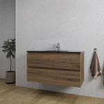 Saniclass Chaci Meuble de salle de bain - 100x45x55cm - lavabo en céramique noir mat - 1 vasque - 1 trou de robinet - 2 tiroirs - noyer SW809379