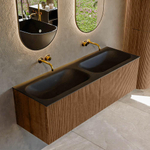 MONDIAZ KURVE 140cm Meuble salle de bain - couleur Walnut - 2 tiroirs - vasque BIG SMALL double - sans trous de robinet - Urban SW1138528