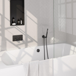 BRAUER Black Edition mitigeur de baignoire encastré thermostatique - boutons-poussoirs SET 03 - combinaison de remplissage de baignoire - douchette barre - flexible de douche - coude mural - noir mat SW925411