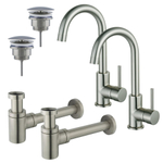 Fortifura Calvi Kit robinet lavabo - pour double vasque - robinet haut - bec rotatif - bonde non-obturable - siphon design bas - Inox brossé PVD SW892001