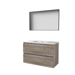 Basic-Line ensemble de meubles de salle de bain 46 cm 100x46cm sans poignée 2 tiroirs lavabo en porcelaine 1 trou de robinetterie miroir cadre aluminium noir mat tout autour mfc scotch oak SW639143