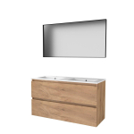 Basic-Line ensemble de meubles de salle de bain 120x46cm sans poignée 2 tiroirs lavabo en porcelaine 2 trous de robinetterie miroir cadre aluminium noir mat tout autour mfc whisky oak SW639473