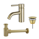 Fortifura Calvi Wastafelkraanset - lage wastafelkraan - always open plug - verlaagde design - sifon - PVD - geborsteld messing (goud) SW891944