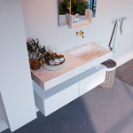 Mondiaz ALAN-DLUX Ensemble de meuble - 120cm - meuble Talc mat - 2 tiroirs - Lavabo Cloud Ostra suspendu - vasque Droite - 0 trous de robinet SW806950