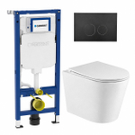 QeramiQ Dely Pack WC cuvette sans bride 36.3x51.7cm avec bâti-support Geberit UP320 abattant WC blanc brillant frein de chute et plaque de commande Noir mat boutons Ronds SW804633