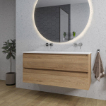 Adema Chaci Meuble salle de bain - 120x46x57cm - 2 vasques en céramique blanche - sans trou de robinet - 2 tiroirs - miroir rond avec éclairage - cannelle SW816307