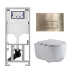 QeramiQ Dely Swirl Toiletset - 36.3x51.7cm - Geberit UP320 inbouwreservoir - met Burda frame - slim zitting - geborsteld messing bedieningsplaat - rechthoekige knoppen - wit glans SW1126098