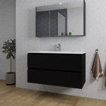 Saniclass Chaci Meuble de salle de bain - 100x46x55cm - lavabo en céramique blanc - 1 vasque ovale - 1 trou de robinet - 2 tiroirs - armoire miroir - noir mat SW826896