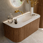 MONDIAZ KURVE 100cm Meuble salle de bain avec module 25 G et D - couleur Walnut - 1 tiroir - 2 portes - vasque GRUNNE centre - sans trous de robinet - Talc SW1138260