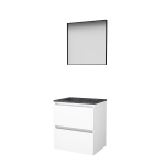 Basic-Line ensemble de meubles de salle de bain 60x46cm sans poignée 2 tiroirs vasque en pierre dure 0 trous de robinetterie miroir noir mat cadre en aluminium autour du mdf laqué blanc glacier SW639277
