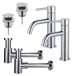 FortiFura Calvi Kit robinet lavabo - pour double vasque - robinet bas - bonde clic clac - siphon design bas - Chrome brillant SW892016