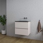 Saniclass Chaci Meuble de salle de bain - 60x45x55cm - lavabo en céramique noir mat - 1 vasque - sans trou de robinet - 2 tiroirs - mat cotton (beige) SW1182335