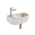 QeramiQ Fuente Ensemble de Lavabo - 40x21.5x12cm - gauche - strié - demi-rond - 1 trou de robinet - céramique - robinet de lavabo en laiton brossé - bouchon de vidange - siphon abaissé - beige SW1233028