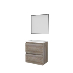 Basic-Line meuble de salle de bain 39 encadré ensemble 60x39cm sans poignée 2 tiroirs vasque acrylique 0 trous de robinetterie miroir cadre aluminium noir mat tout autour mfc scotch oak SW638946