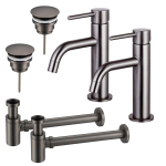 FortiFura Calvi Kit robinet lavabo - pour double vasque - robinet bas - bonde non-obturable - siphon design bas - Gunmetal PVD SW892009